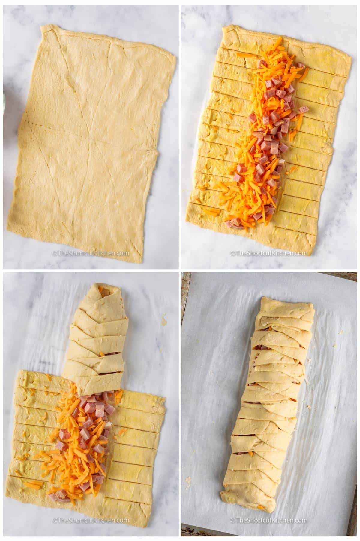 process of adding filling and folding Ham & Cheese Crescent Braid