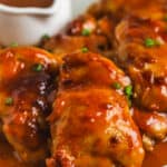 close up of Apricot Chicken on a plate with sauce