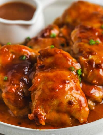 close up of Apricot Chicken on a plate with sauce