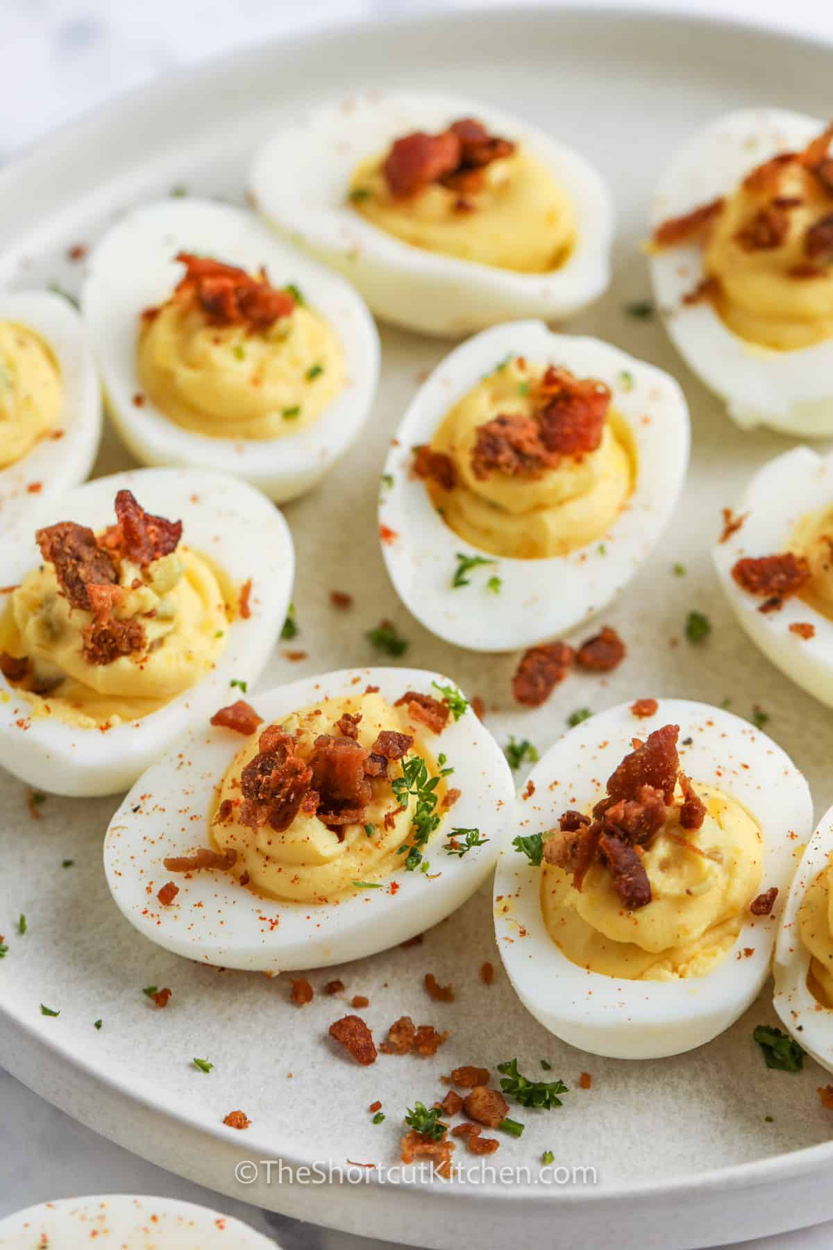 Bacon Deviled Eggs on a plate