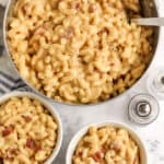 top view of beer mac and cheese in a pot and bowls