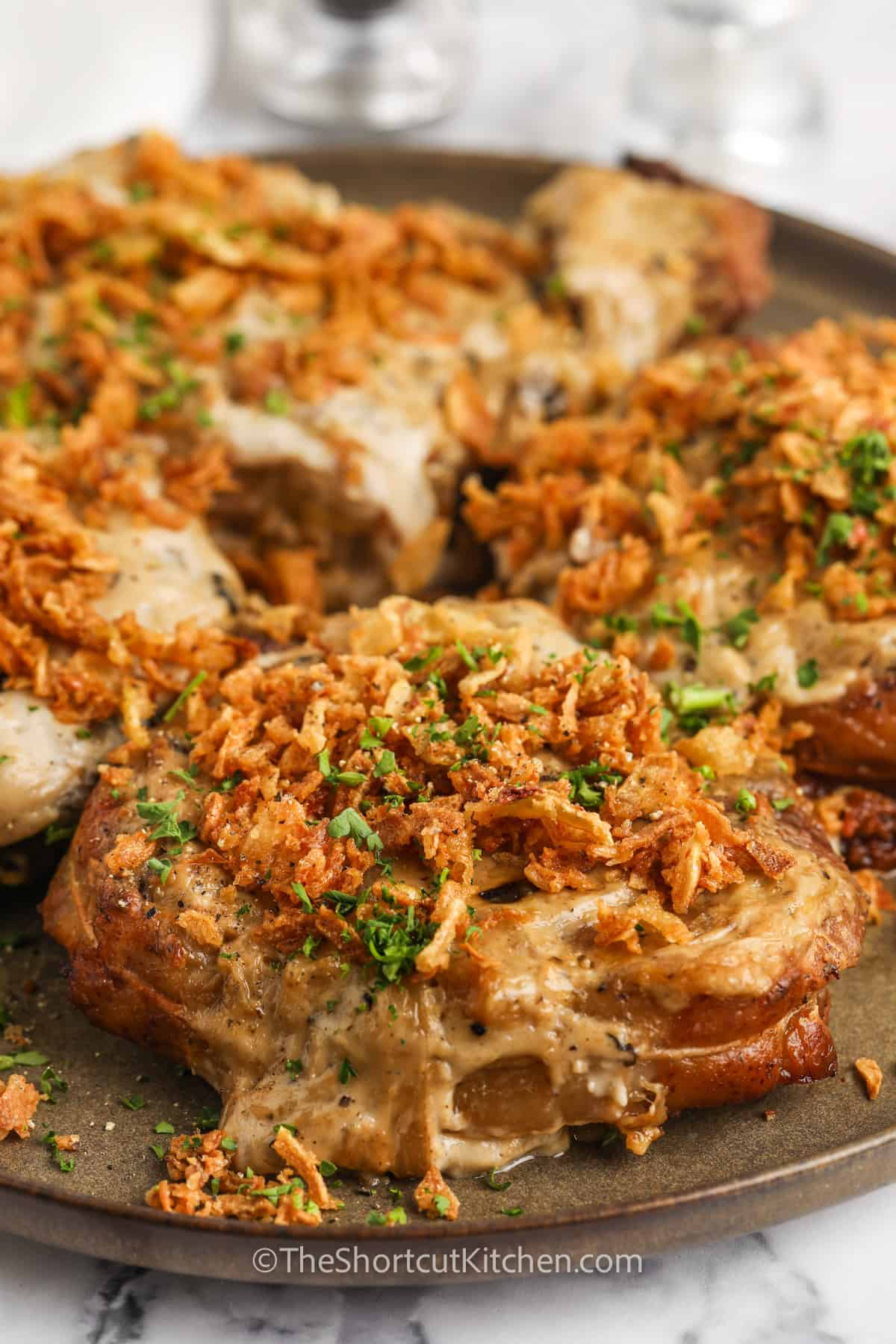 plated French Onion Pork Chops