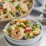 close up of Greek Shrimp Pasta Salad