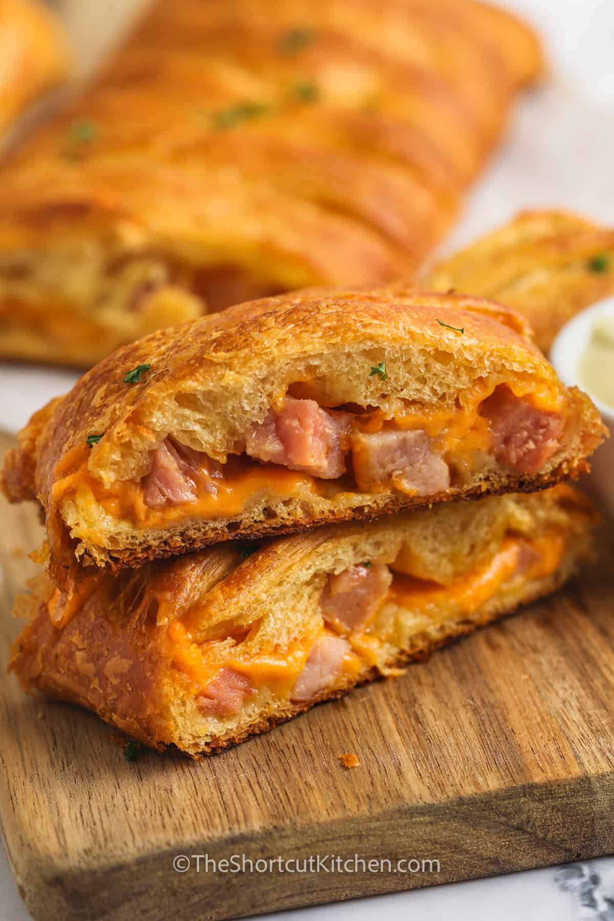 slices of Ham & Cheese Crescent Braid stacked on eachother