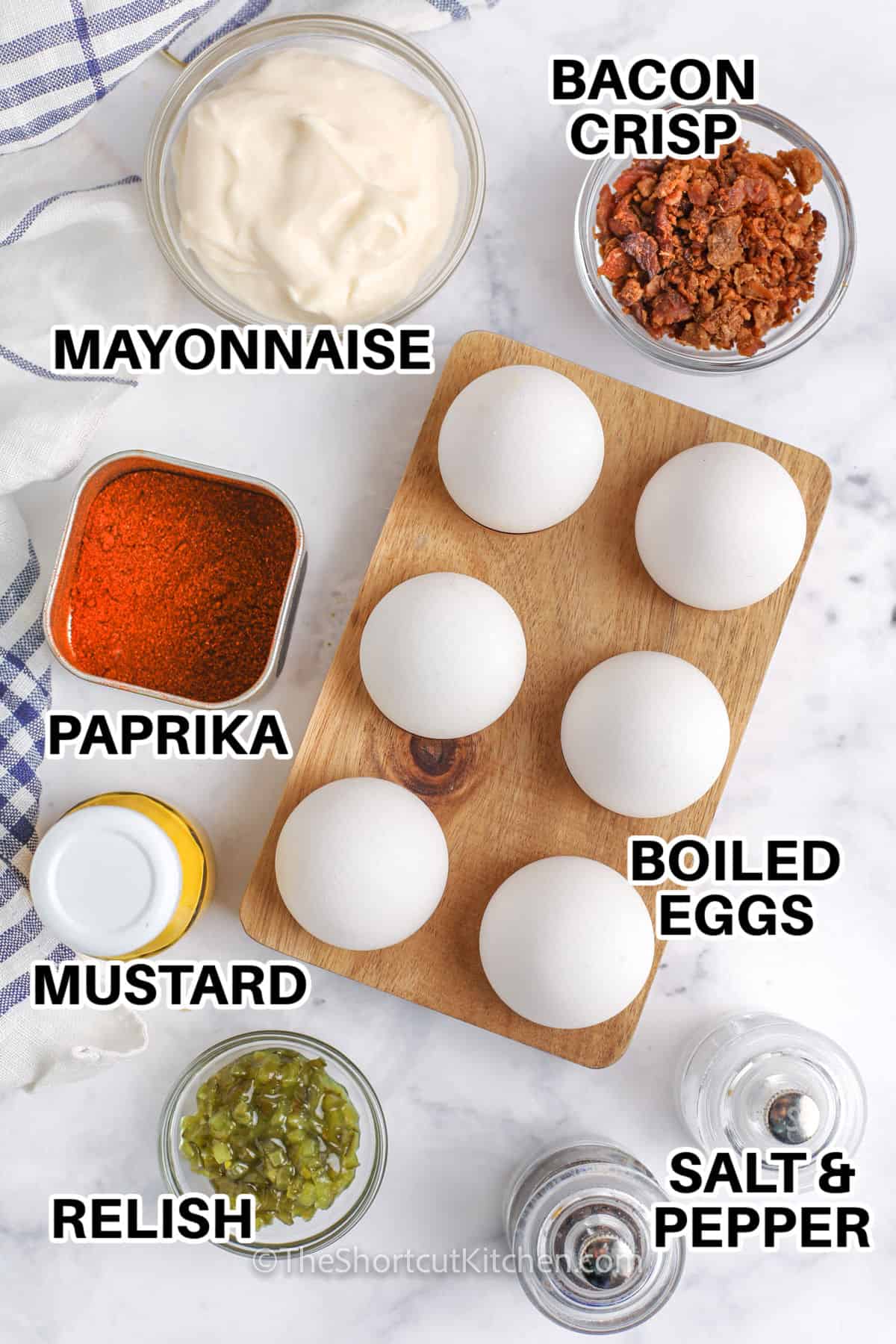 Bacon Deviled Eggs ingredients with labels