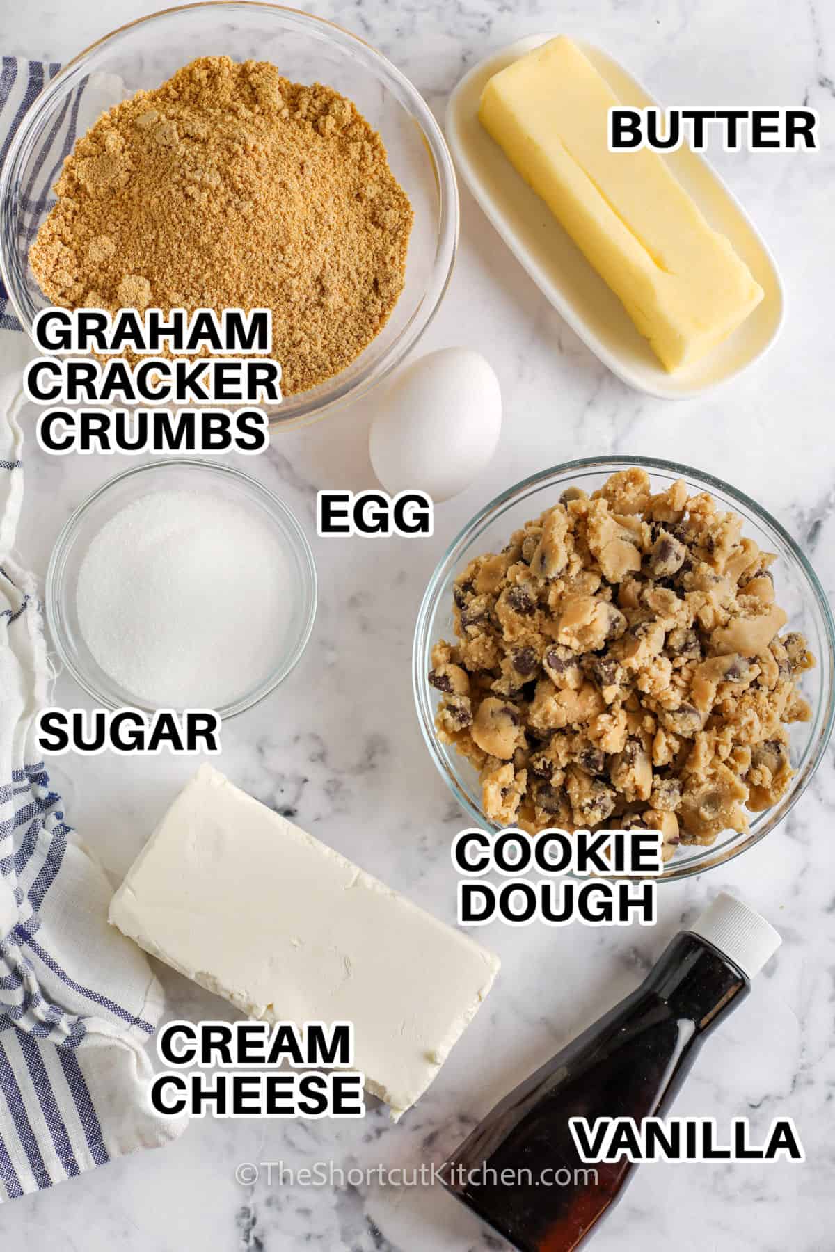 Chocolate Chip Cheesecake Bars ingredients with labels
