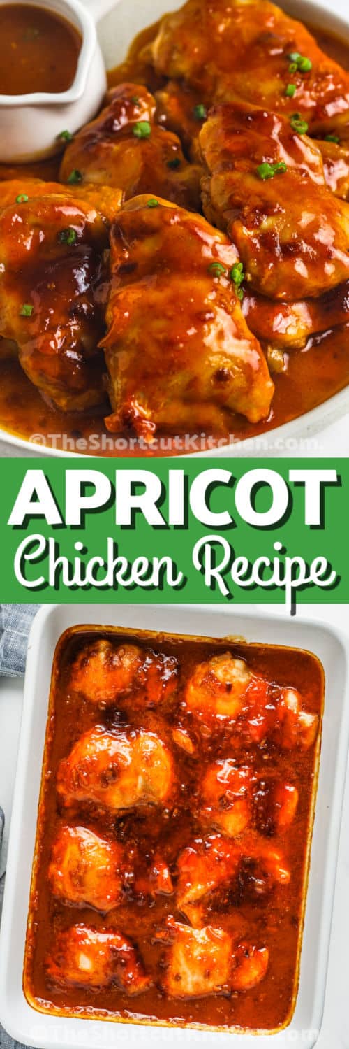 cooked Apricot Chicken in the pan and plated with writing
