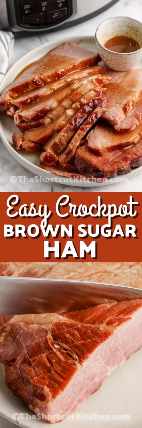 sliced ham and ham being sliced with text