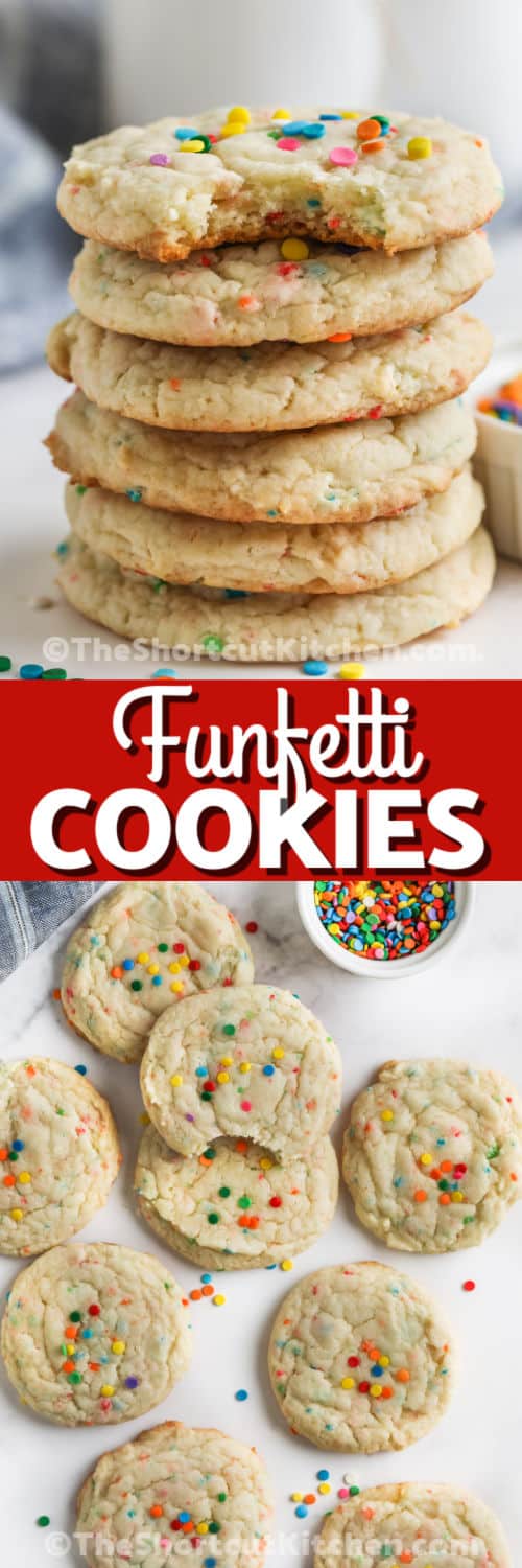 Funfetti Cake Mix Cookies on a table and in a pile with writing
