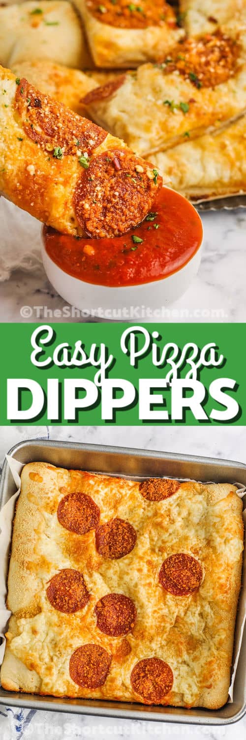 cooked Pizza Dippers in the pan and plated with writing