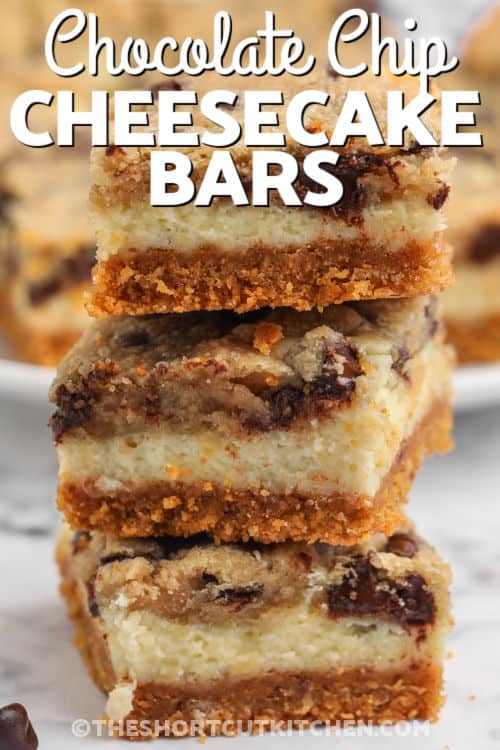 close up of Chocolate Chip Cheesecake Bars with a title