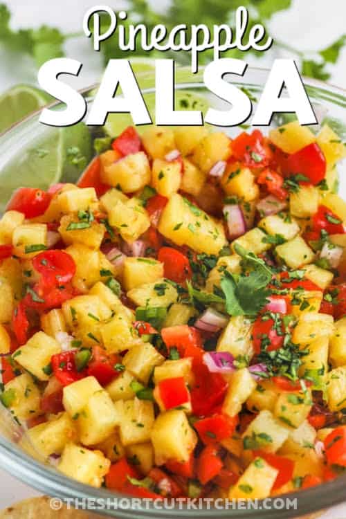 close up of Pineapple Salsa with a title