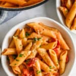 top view of One Pot Creamy Tomato Pasta in a bowl