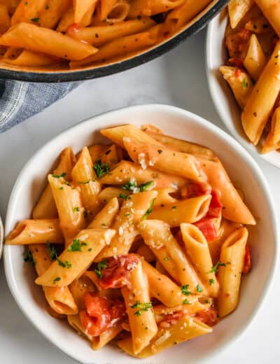 top view of One Pot Creamy Tomato Pasta in a bowl