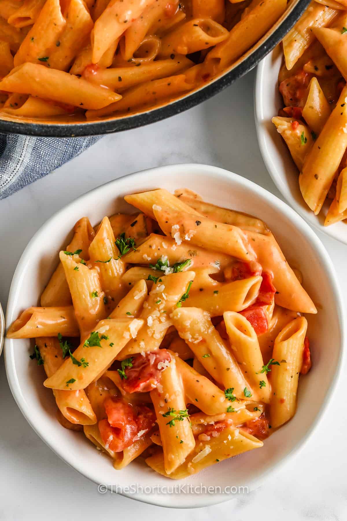 top view of One Pot Creamy Tomato Pasta in a bowl