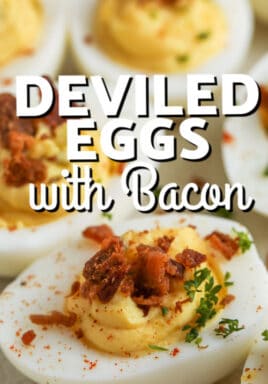 Bacon Deviled Eggs with garnish and writing