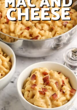 beer mac and cheese in a pot and bowls with text