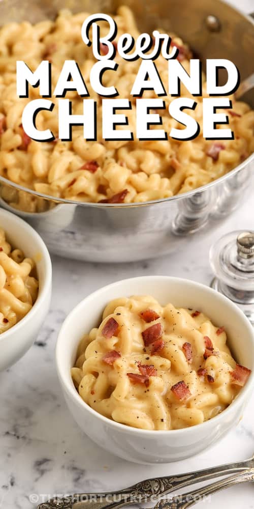 beer mac and cheese in a pot and bowls with text