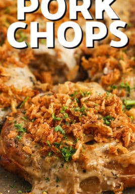 close up of French Onion Pork Chops on a plate with a title