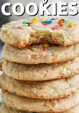 stack of Funfetti Cake Mix Cookies with a title
