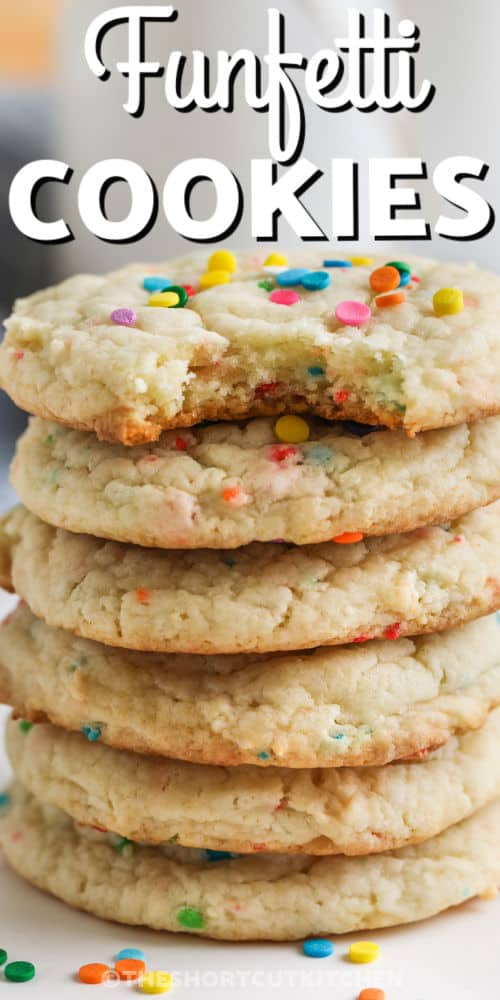 stack of Funfetti Cake Mix Cookies with a title