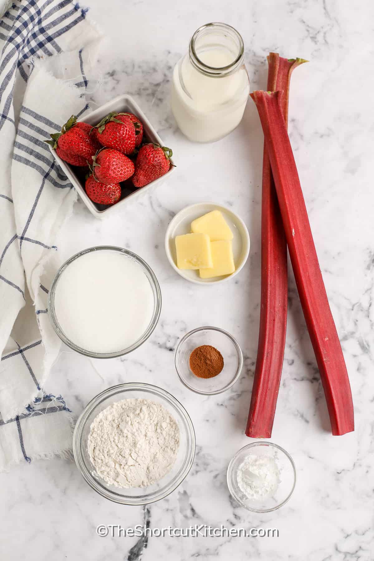 ingredients assembled to make strawberry rhubarb cobbler