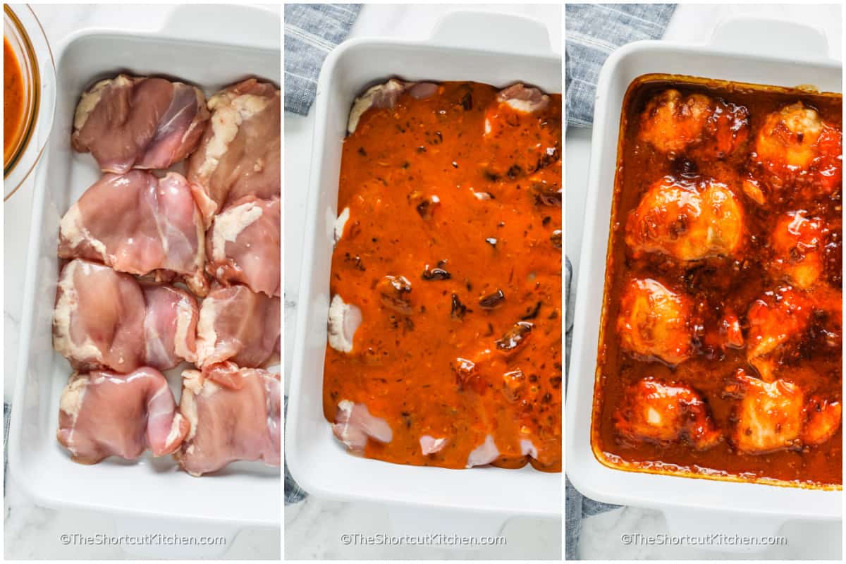 chicken thighs in a casserole dish to make this apricot chicken recipe, and with sauce poured over top, and also baked.