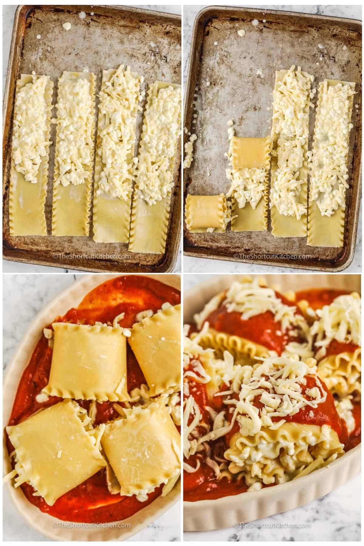 process of rolling Three Cheese Lasagna Rolls and adding ingredients to pan
