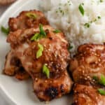 teriyaki chicken thighs on a plate with rice