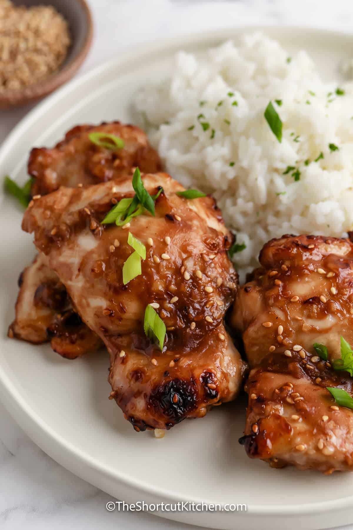 teriyaki chicken thighs on a plate with rice