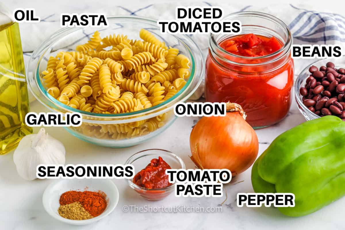 pasta , tomatoes , beans , pepper , onion and seasonings to make Black Bean Pasta with labels