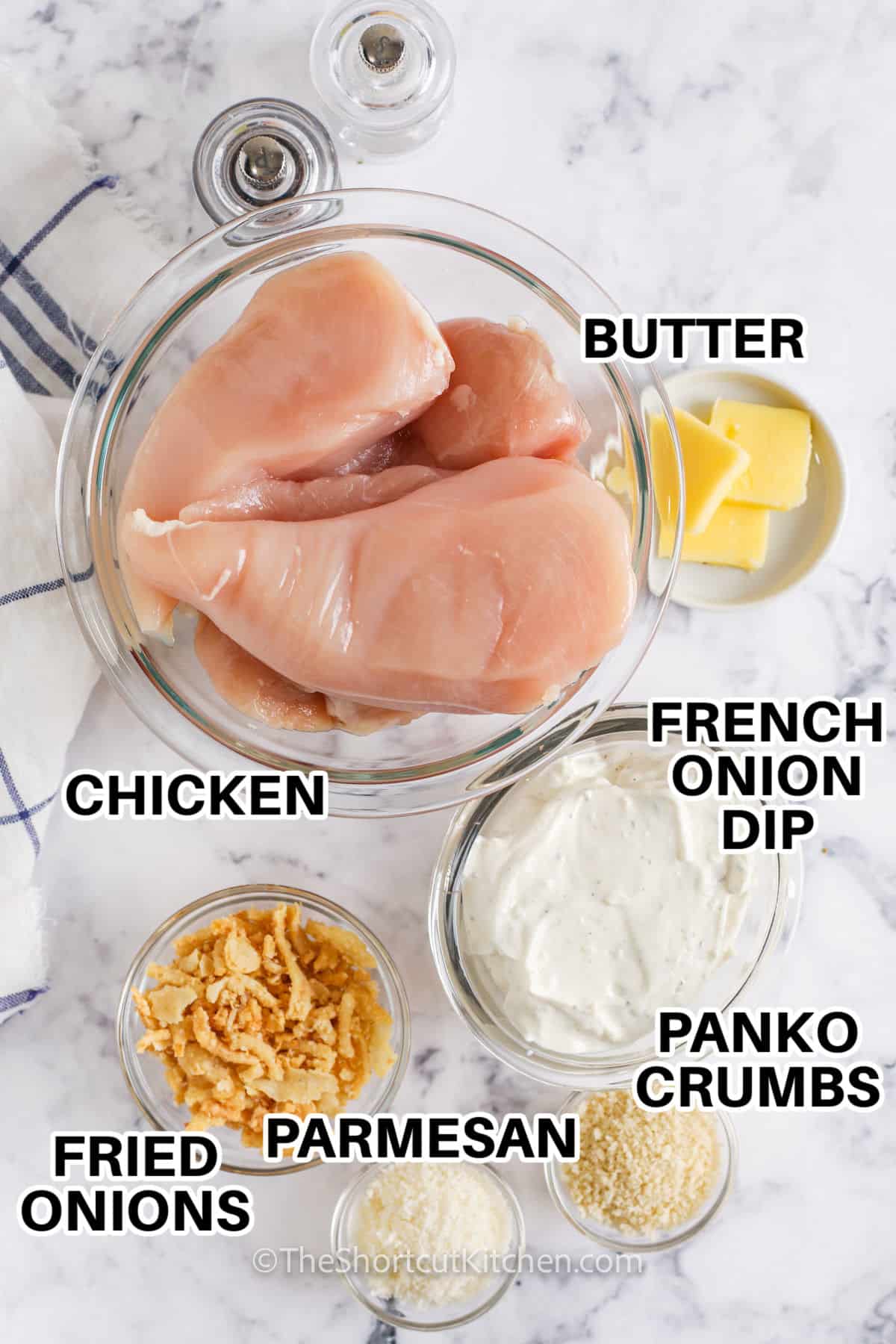 chicken , French onion dip, parmesan , butter and ingredients to make Easy French Onion Chicken with labels