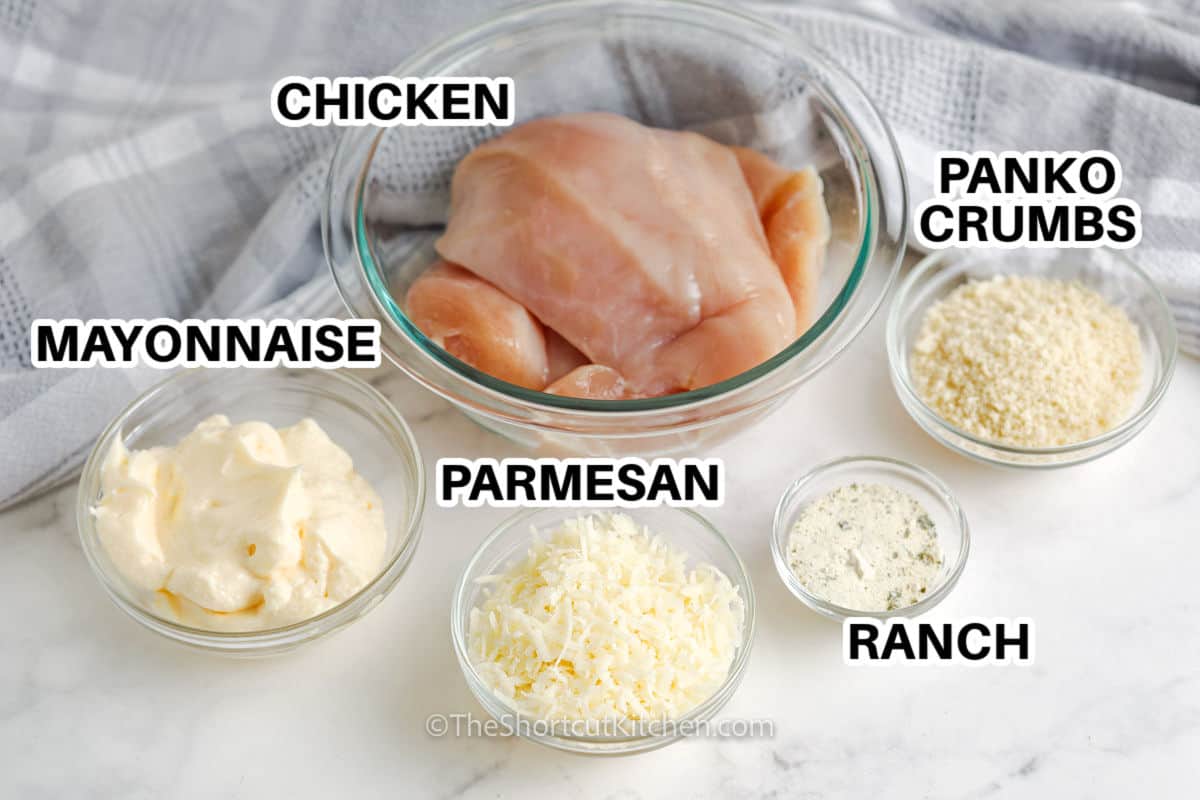 chicken , panko , parmesan , ranch and mayonnaise to make Parmesan Crusted Mayonnaise Chicken
