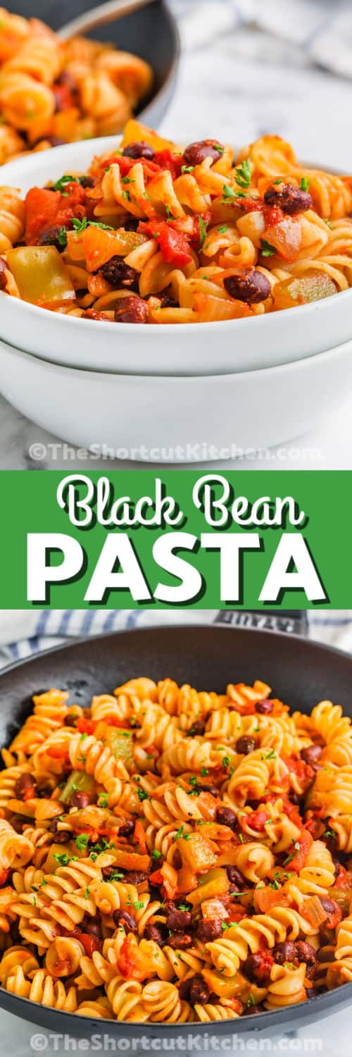 Black Bean Pasta cooking in the pan and plated with a title