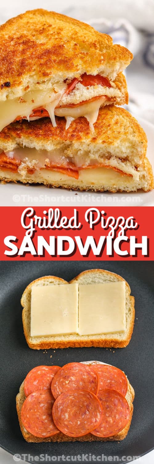 cooking and plated Grilled Pizza Sandwich with writing