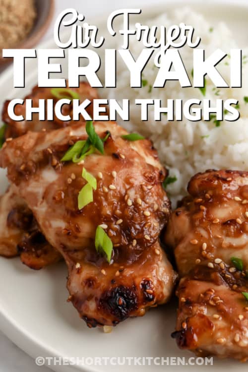 teriyaki chicken thighs and rice with text