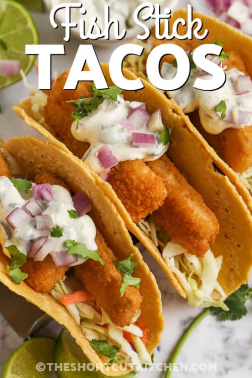 plated Fish Stick Tacos with a title
