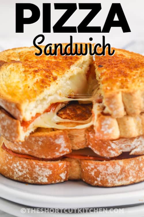 cooked Grilled Pizza Sandwich on a plate with a title
