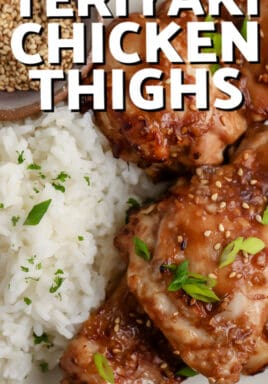 teriyaki chicken thighs on a plate with rice with text