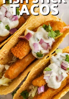 close up of cooked Fish Stick Tacos with writing