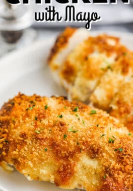 cooked Parmesan Crusted Mayonnaise Chicken with writing