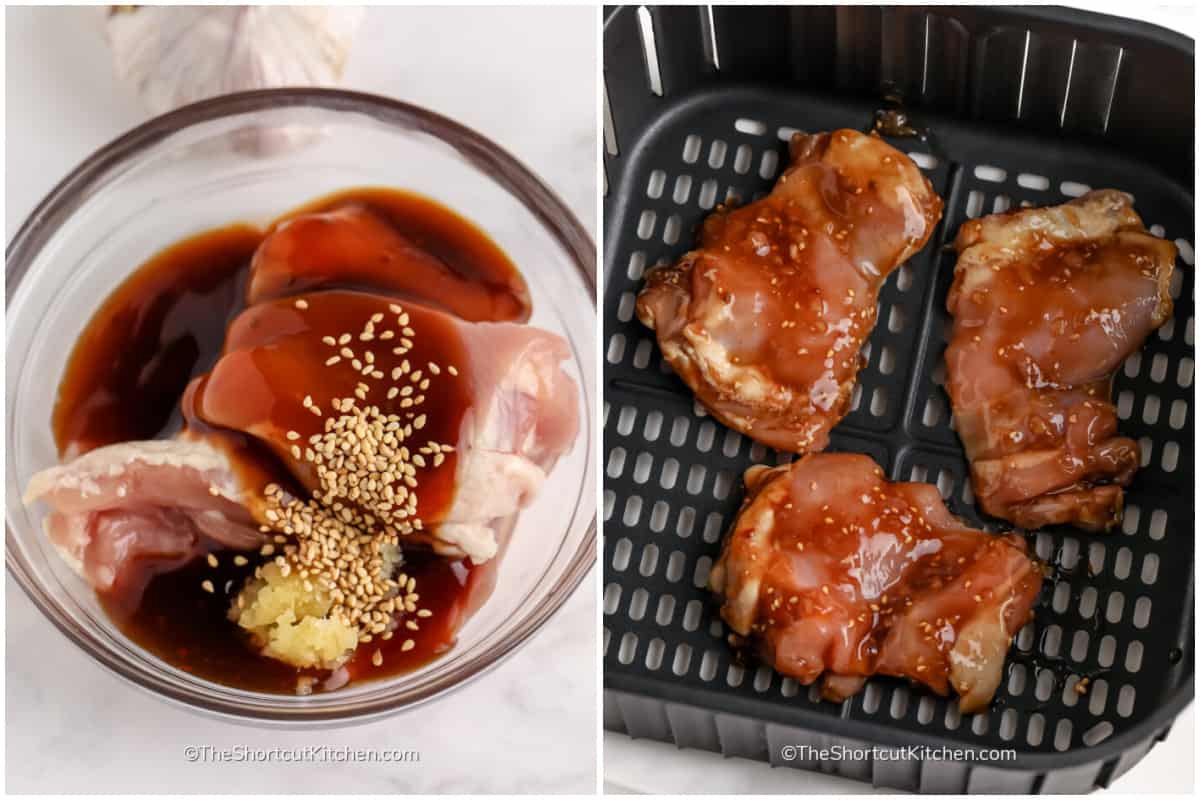 chicken thighs with garlic, teriyaki and sesame seeds in a clear bowl, and sauced thighs in an air fryer basket, to make Air Fryer Teriyaki Chicken Thighs
