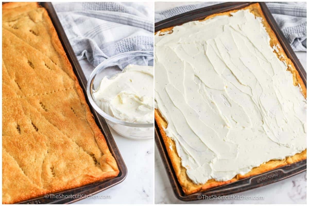 process of adding cream cheese to pastry to make Cold Veggie Pizza
