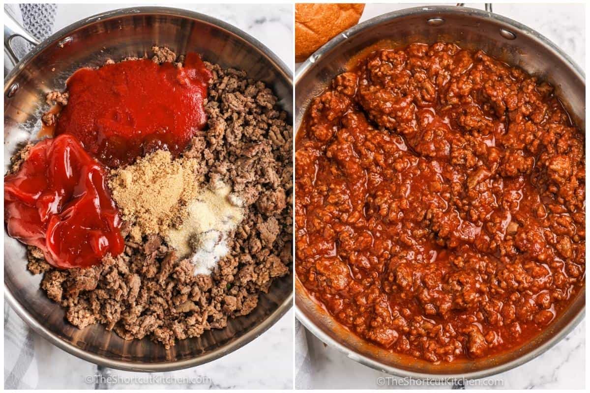 process of adding and mixing ingredients together to make Homemade Sloppy Joe Sauce