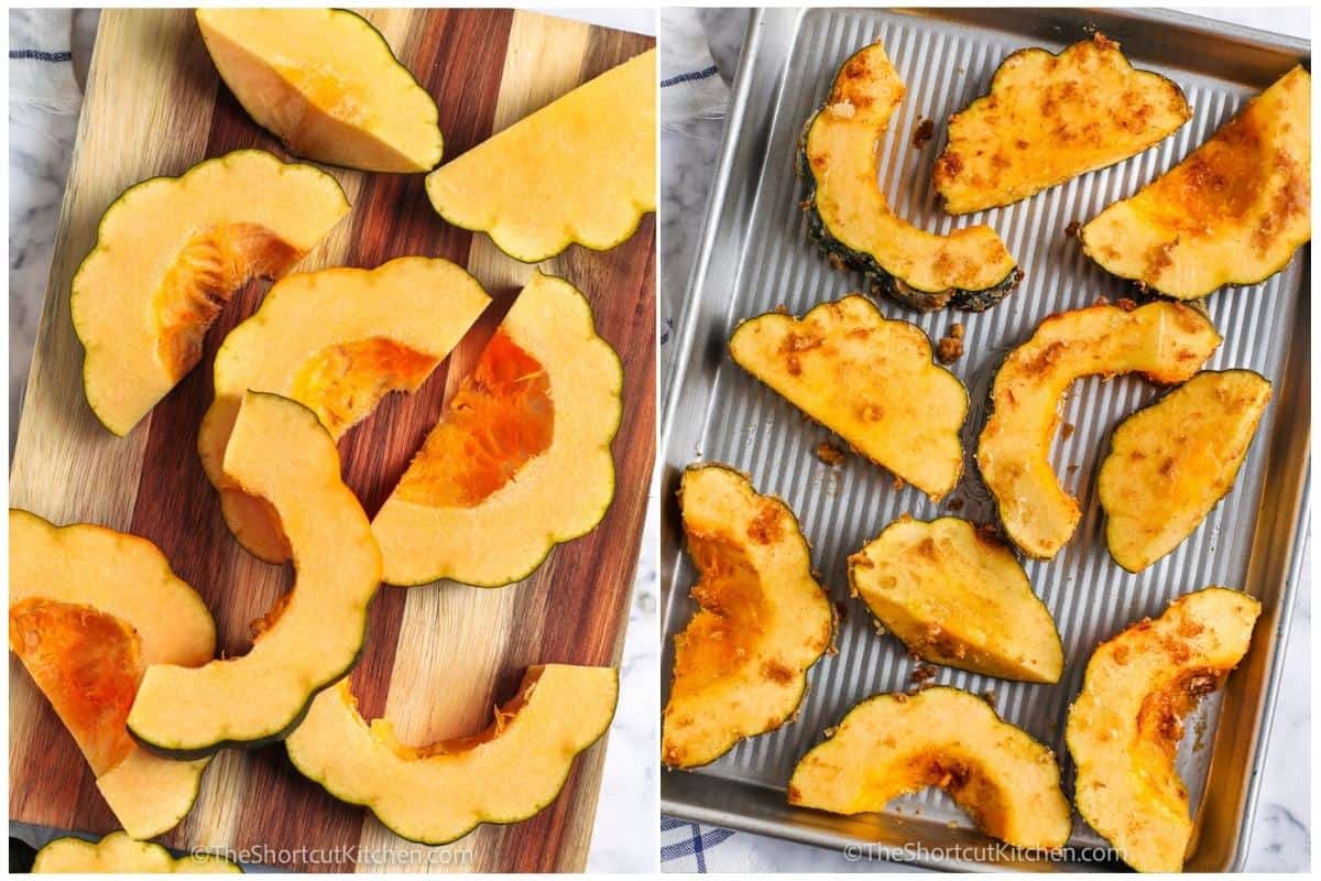 process of adding Roasted Acorn Squash to the sheet pan