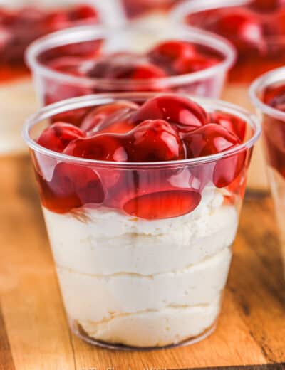 3 Ingredient No Bake Cheesecake Cups with cherry topping