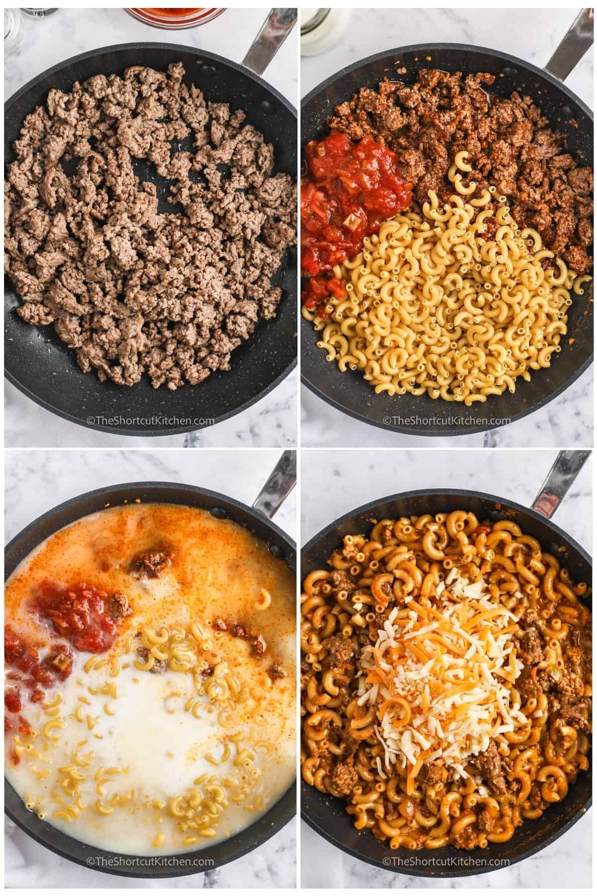 process of adding ingredients together to make Taco Mac and Cheese