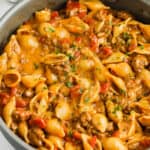 Prepared Cheesy Ground Beef Pasta in a pot