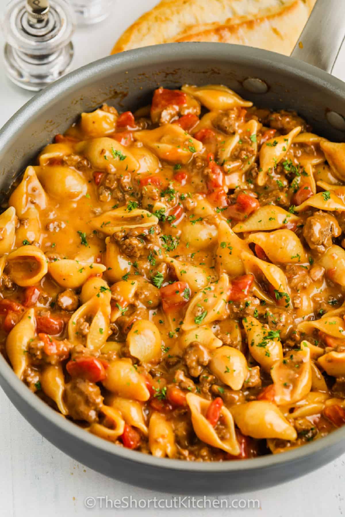 Prepared Cheesy Ground Beef Pasta in a pot