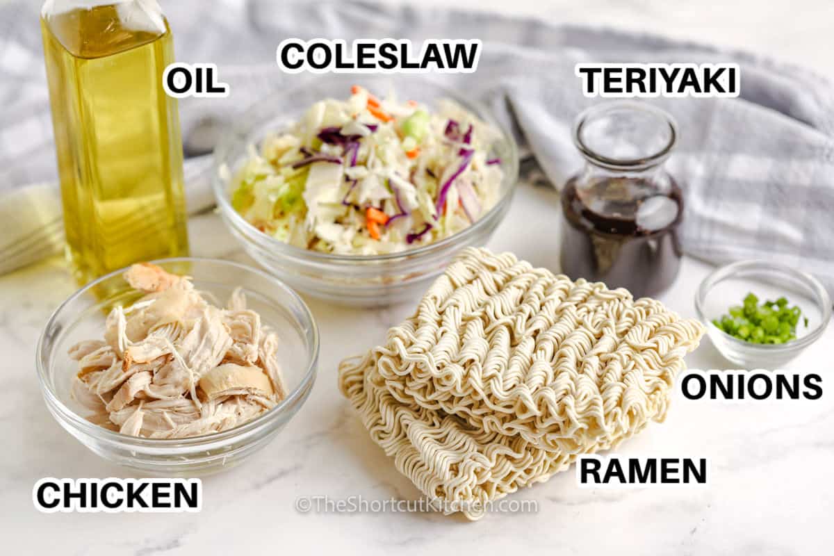 ramen, coleslaw, chicken , teriyaki and oil to make Easy Teriyaki Noodles